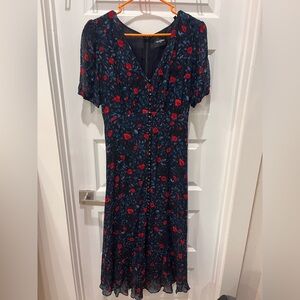 The Kooples Navy Midi Dress with Red Rose Print